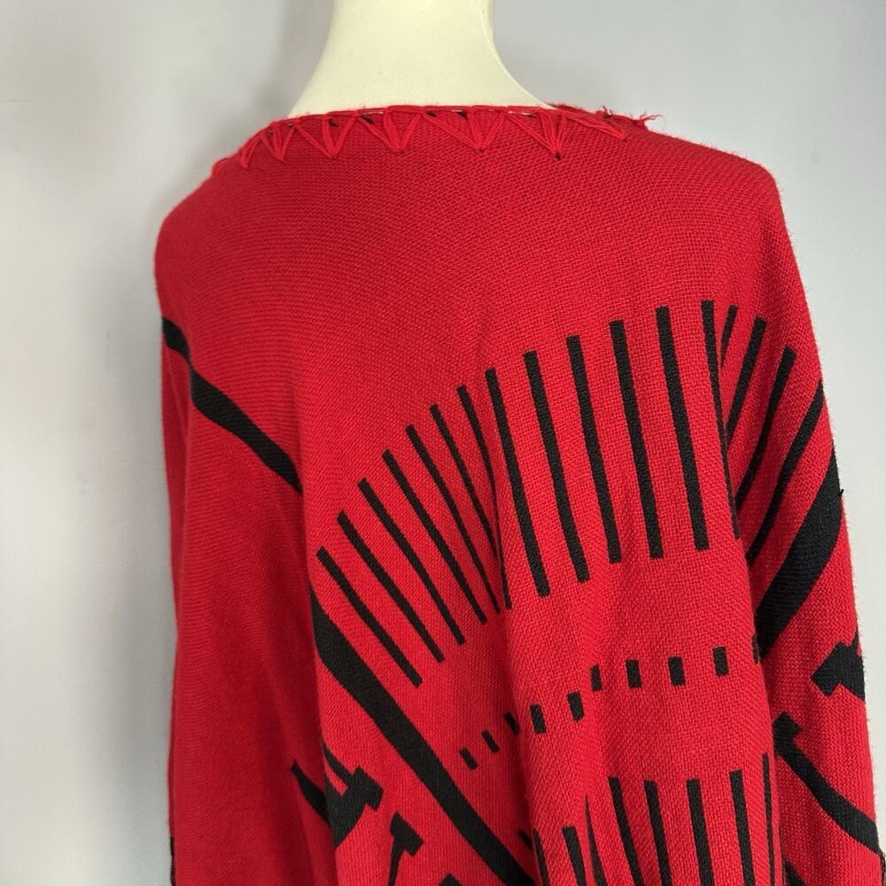 Kensie Red Black Southwestern Fringe Poncho Sweater Reversible Shawl Holiday O/S - Picture 10 of 11